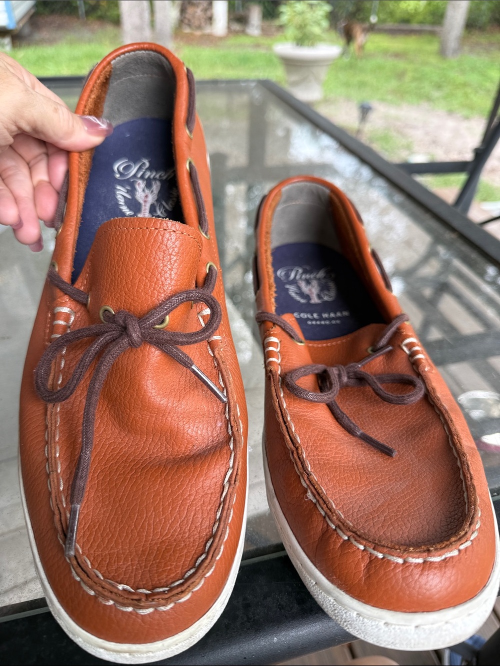 Cole Haan Men's Tan Leather Boat Shoes with Brown Laces